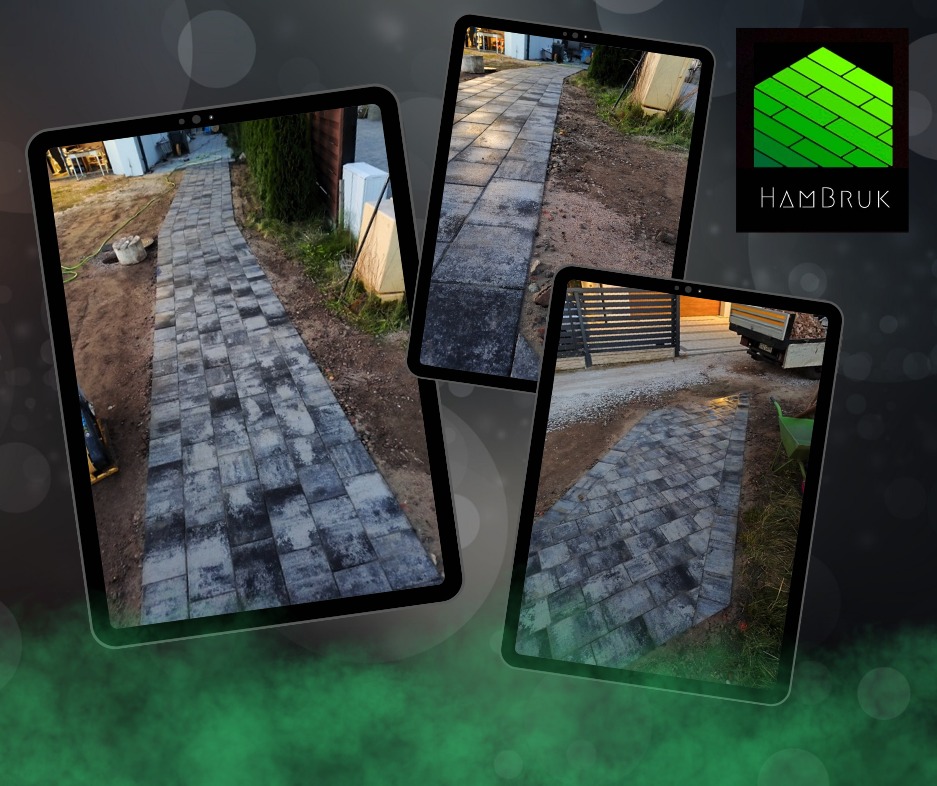 Prezentacja trzech ścieżek z kostki brukowej na tabletach, z logo firmy HAMBRUK w prawym górnym rogu, na abstrakcyjnym tle z efektem bokeh.