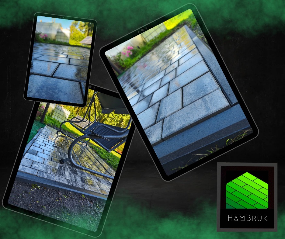 Prezentacja ułożonej kostki brukowej na trzech tabletach, z logo firmy w rogu. Kostka w odcieniach szarości, widoczny fragment ogrodu i huśtawka.