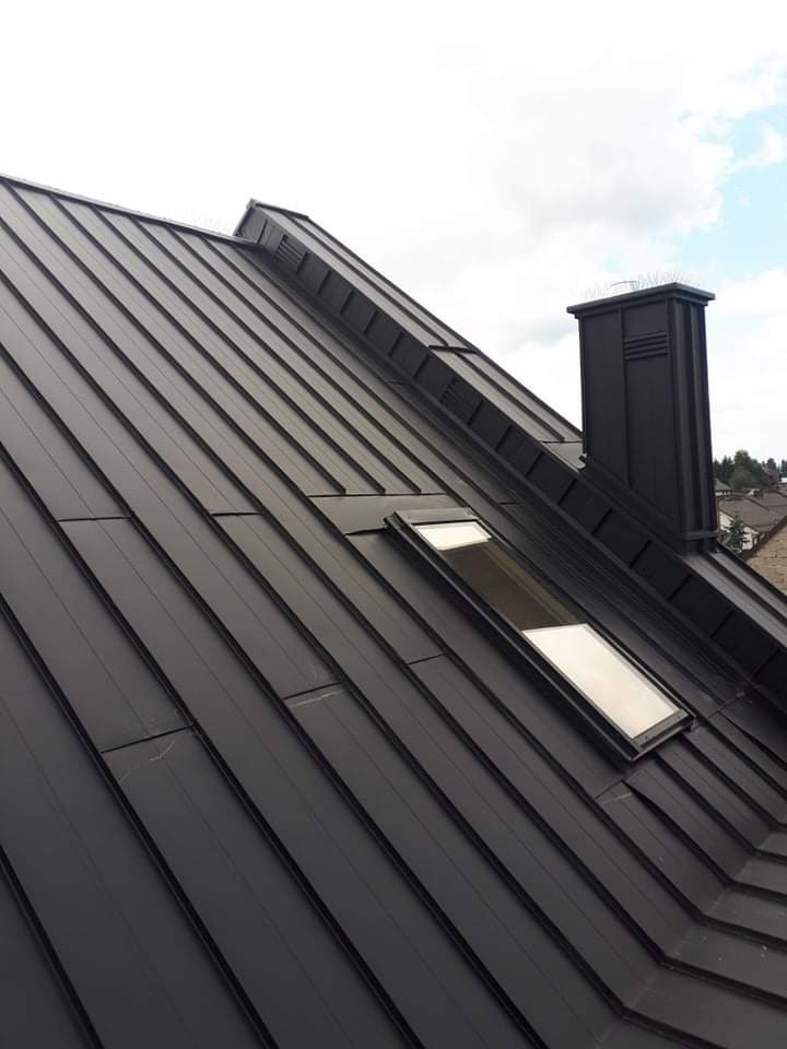 Czarny, metalowy dach z oknem dachowym i kominem, widok z dołu pod kątem, na tle pochmurnego nieba.