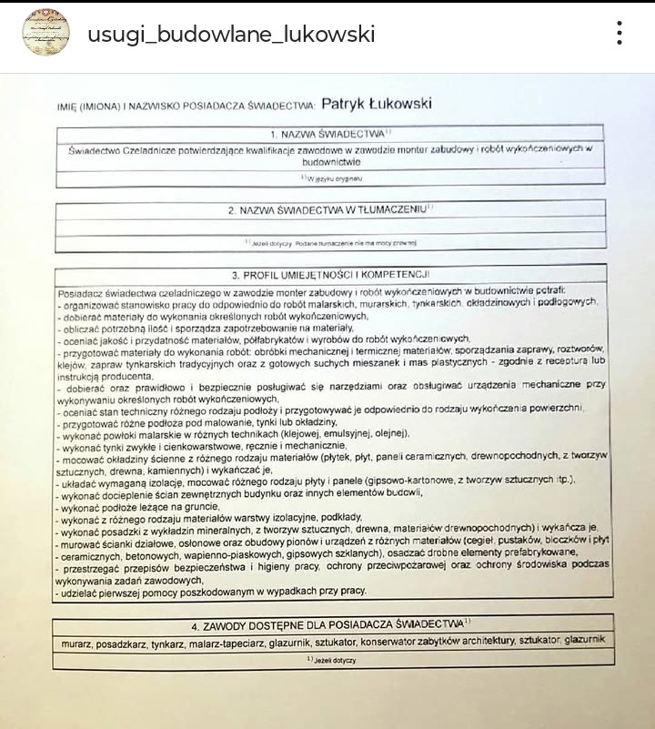 Skan świadectwa czeladniczego Patryka Łukowskiego, potwierdzającego kwalifikacje w zawodzie montera zabudowy i robót wykończeniowych w budownictwie, z profilem umiejętności obejmującym m.in. roboty...
