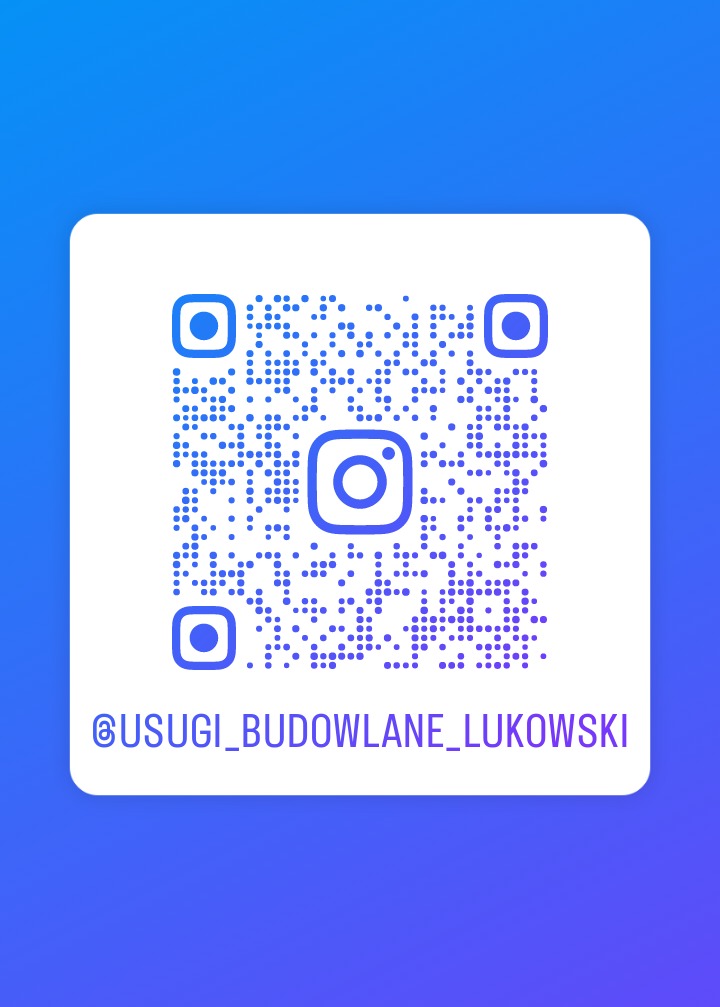 Kod QR z logo Instagrama, odsyłający do profilu @USLUGI_BUDOWLANE_LUKOWSKI na białym tle z gradientem niebieskiego.