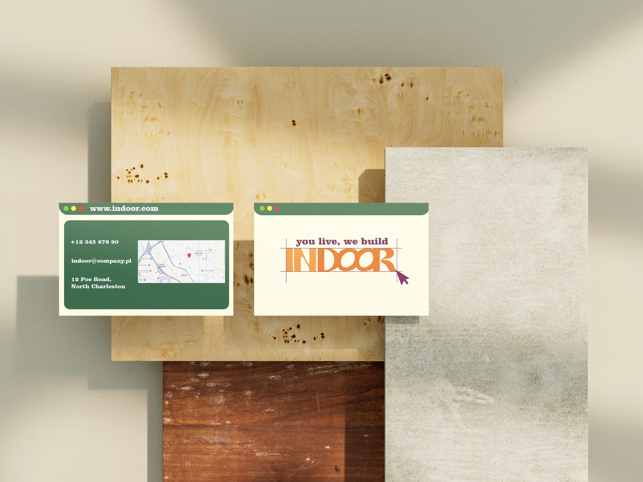 Mockup strony internetowej firmy z Lubina z adresem i mapą, prezentowany na tle drewnianych i betonowych paneli.