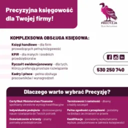 Grafika reklamowa biura rachunkowego Precyzja z fioletowym logo sępa, informacjami o ofercie, numerem telefonu i odnośnikami do mediów społecznościowych.