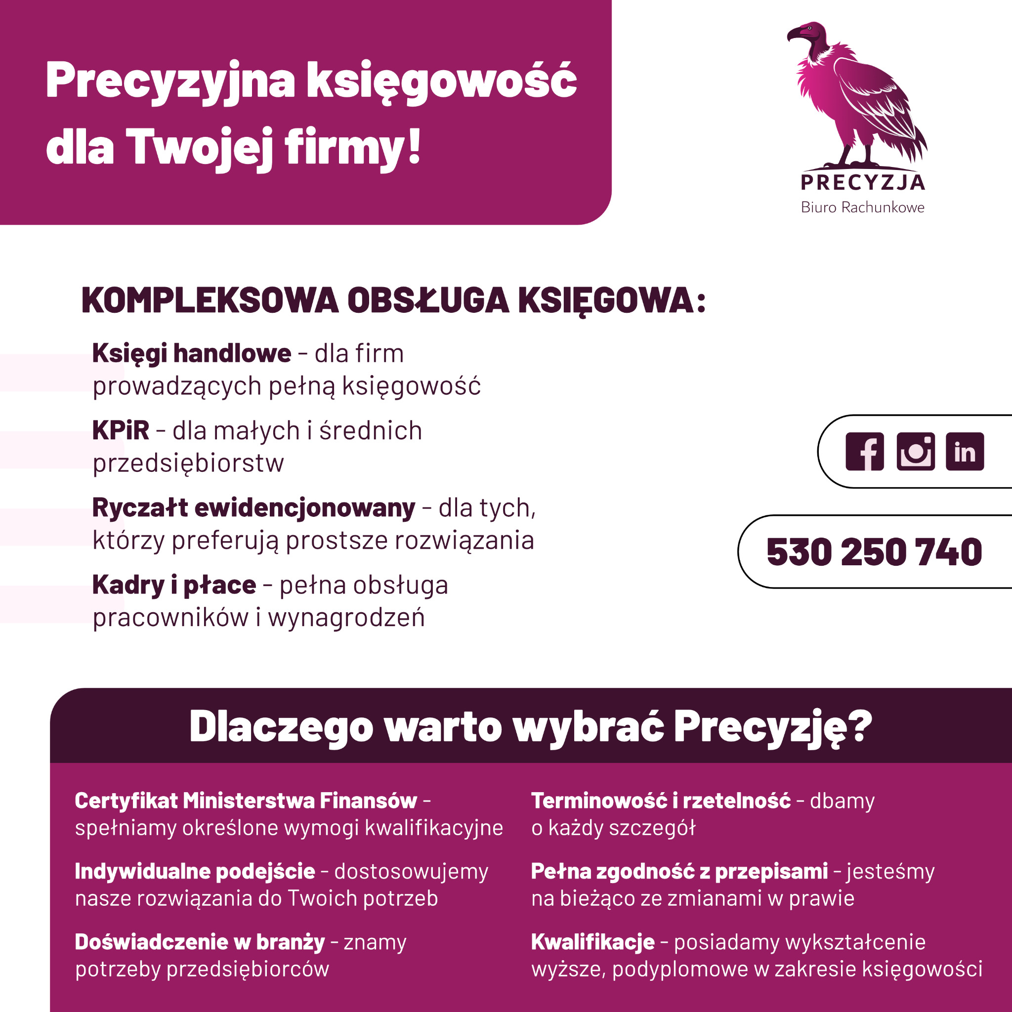Grafika reklamowa biura rachunkowego Precyzja z fioletowym logo sępa, informacjami o ofercie, numerem telefonu i odnośnikami do mediów społecznościowych.