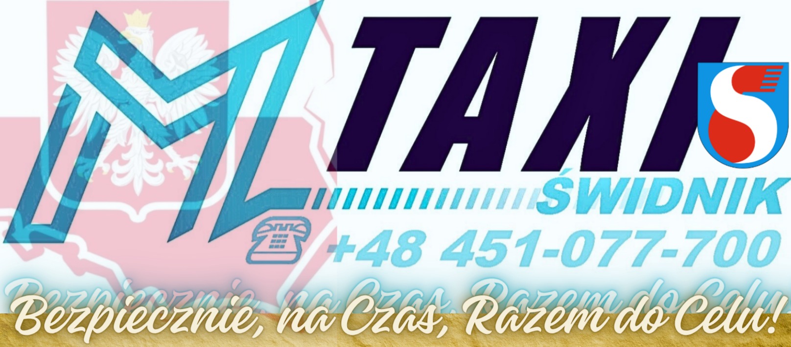 Grafika M-Taxi Świdnik z polską flagą w tle, logo firmy, numer telefonu i hasłem: Bezpiecznie, na Czas, Razem do Celu!