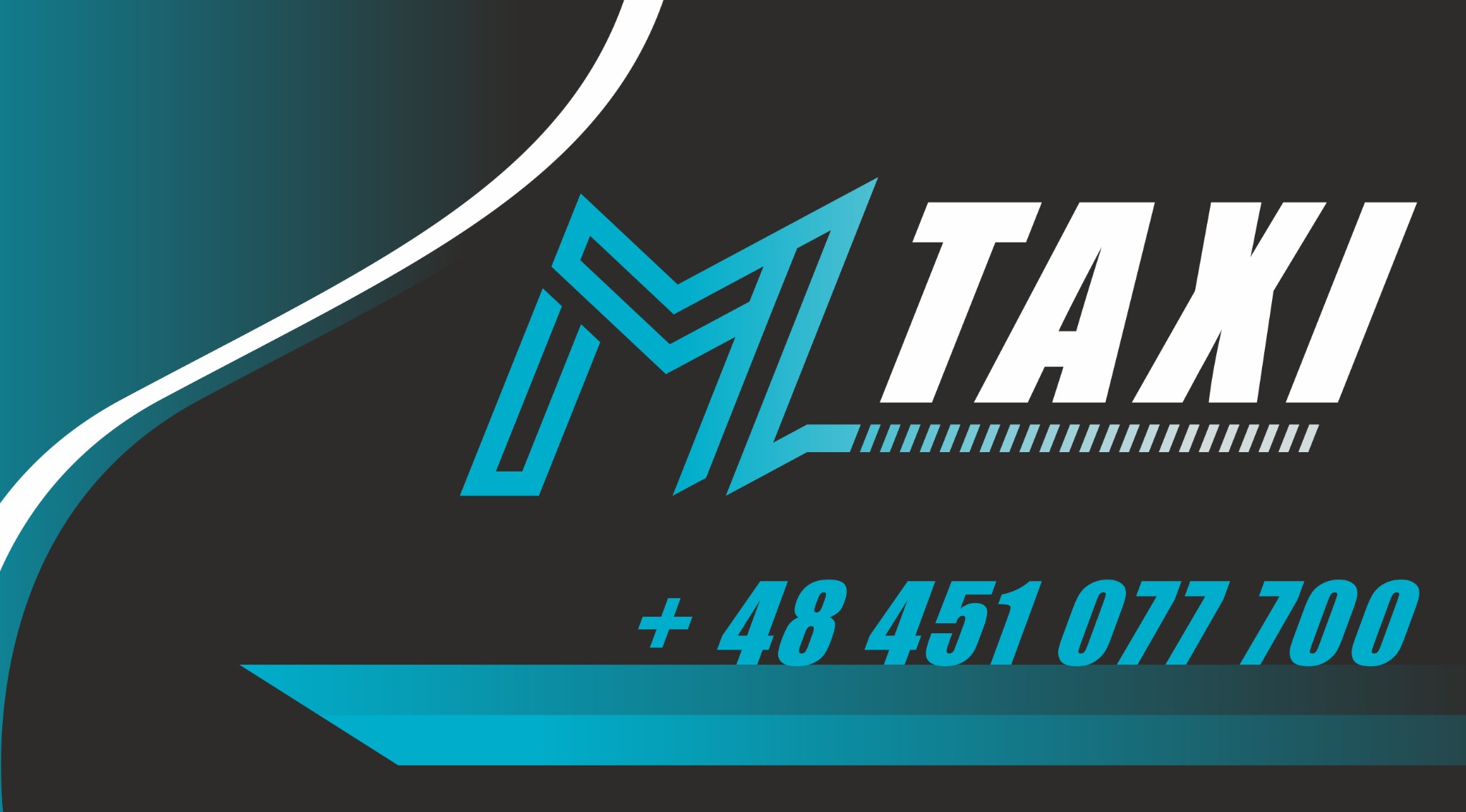 Nowoczesne logo firmy taksówkarskiej: stylizowana litera 'M' w kolorze turkusowym, napis 'TAXI' w bieli i numer telefonu na ciemnym tle z turkusowymi akcentami.