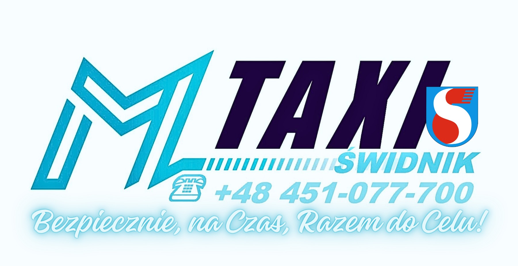 Logo firmy M Taxi Świdnik z numerem telefonu +48 451-077-700. Hasło: Bezpiecznie, na Czas, Razem do Celu!
