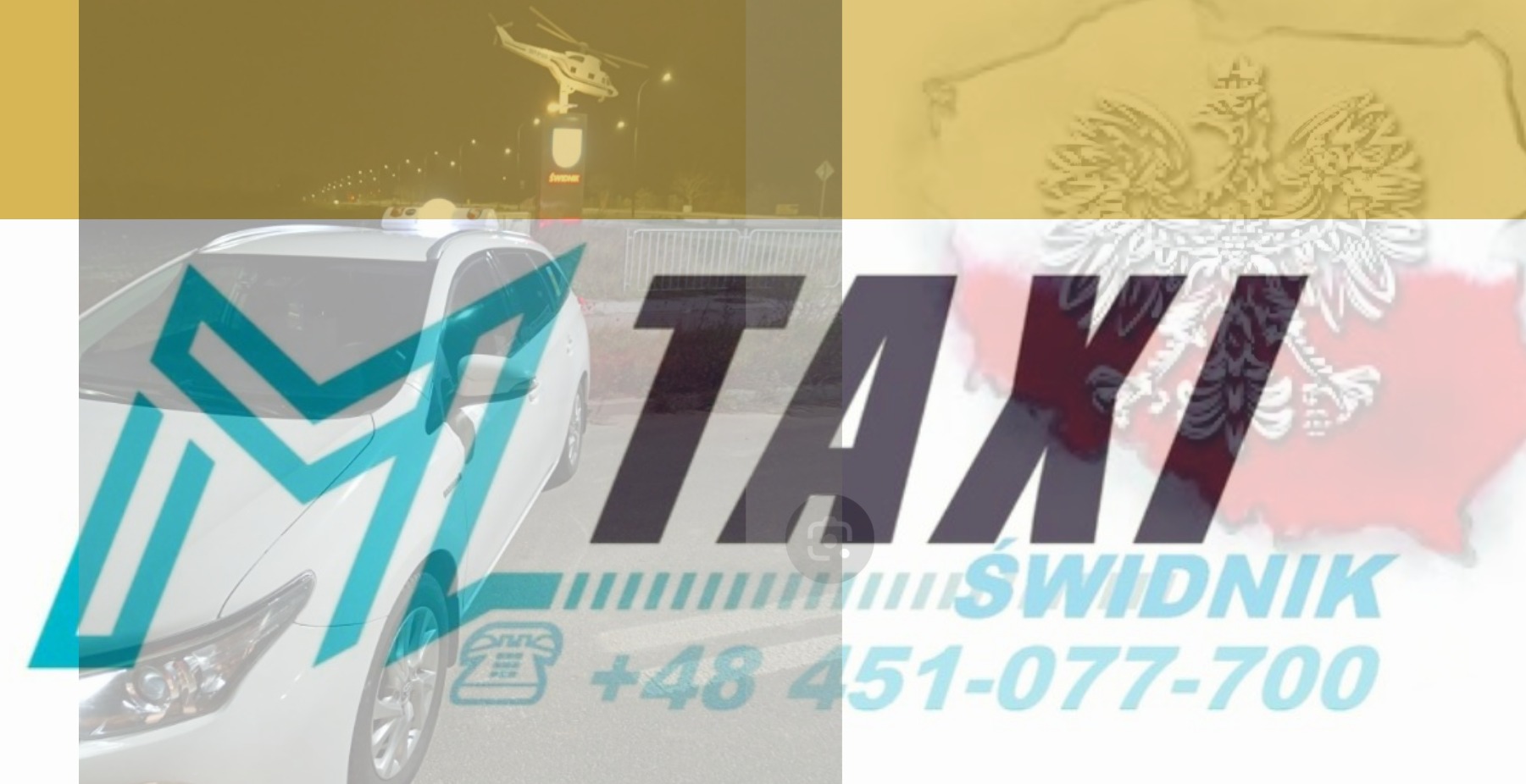 Taxi Świdnik na tle pomnika śmigłowca i mapy Polski, z numerem telefonu +48 451-077-700. Grafika promująca lokalną firmę taksówkarską.