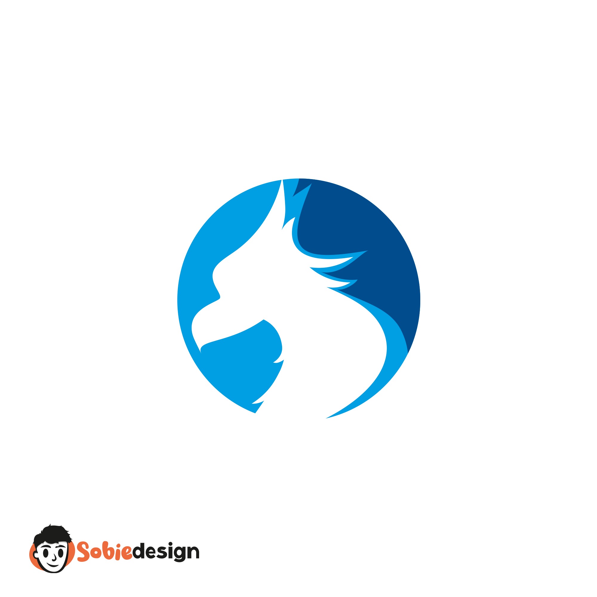Stylizowana głowa orła w negatywnej przestrzeni wewnątrz niebieskiego okręgu, logo SobieDesign w lewym dolnym rogu.