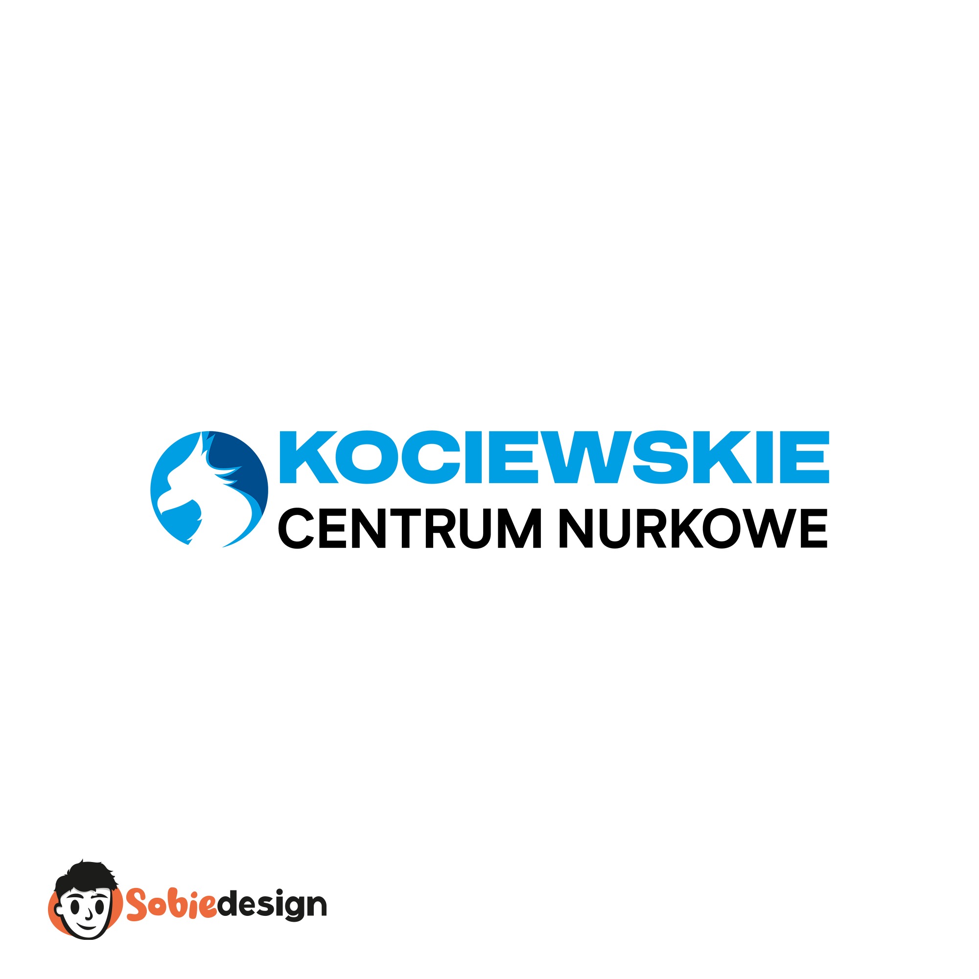 Logo Kociewskiego Centrum Nurkowego przedstawiające białego konika morskiego w błękitnym okręgu, umieszczone obok nazwy firmy w kolorze niebieskim i czarnym, z małym znakiem wodnym SobieDesign w rogu.