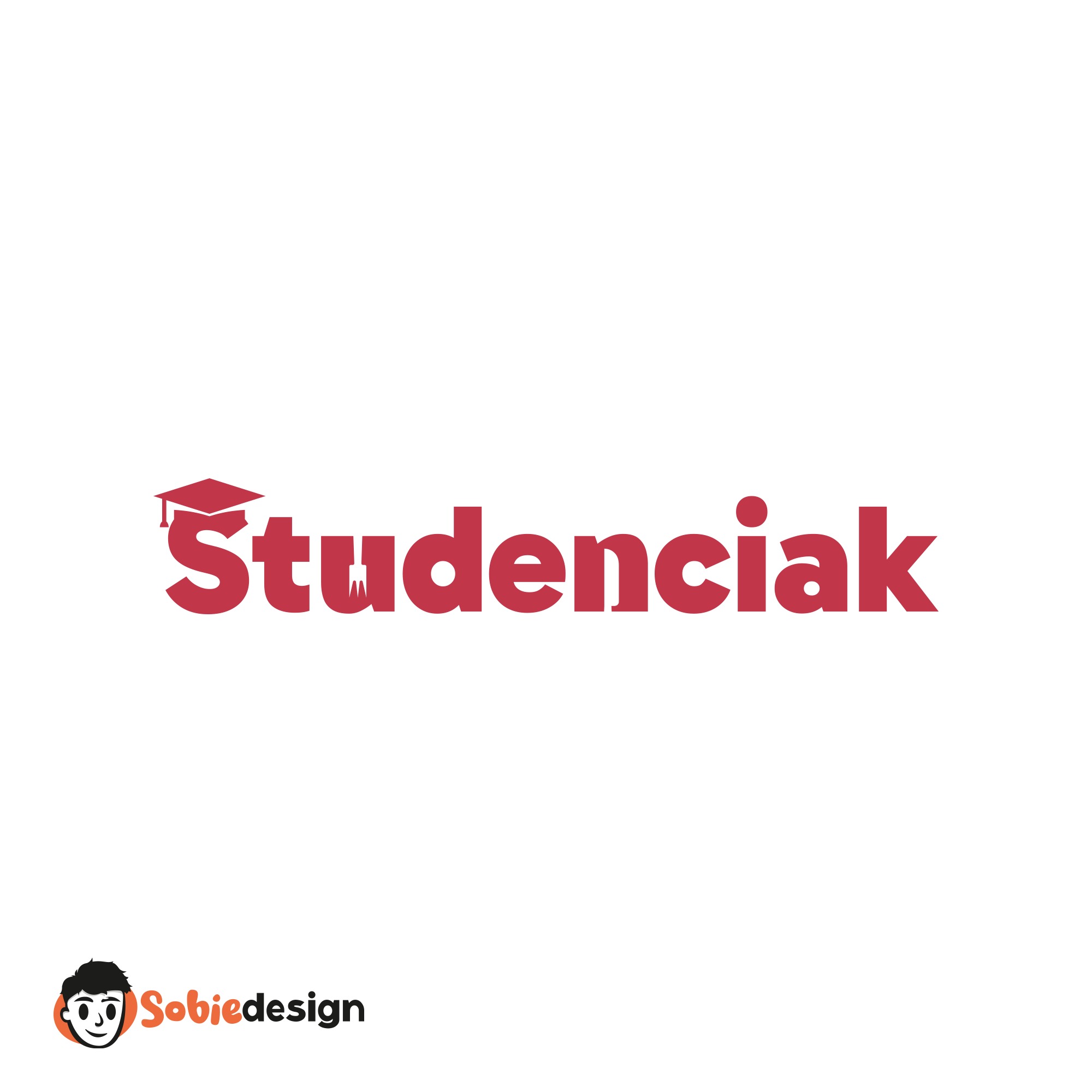 Logo 'Studenciak' w kolorze czerwonym z motywem biretu na literze 'S', poniżej logo 'Sobiedesign' z rysunkiem stylizowanej twarzy.