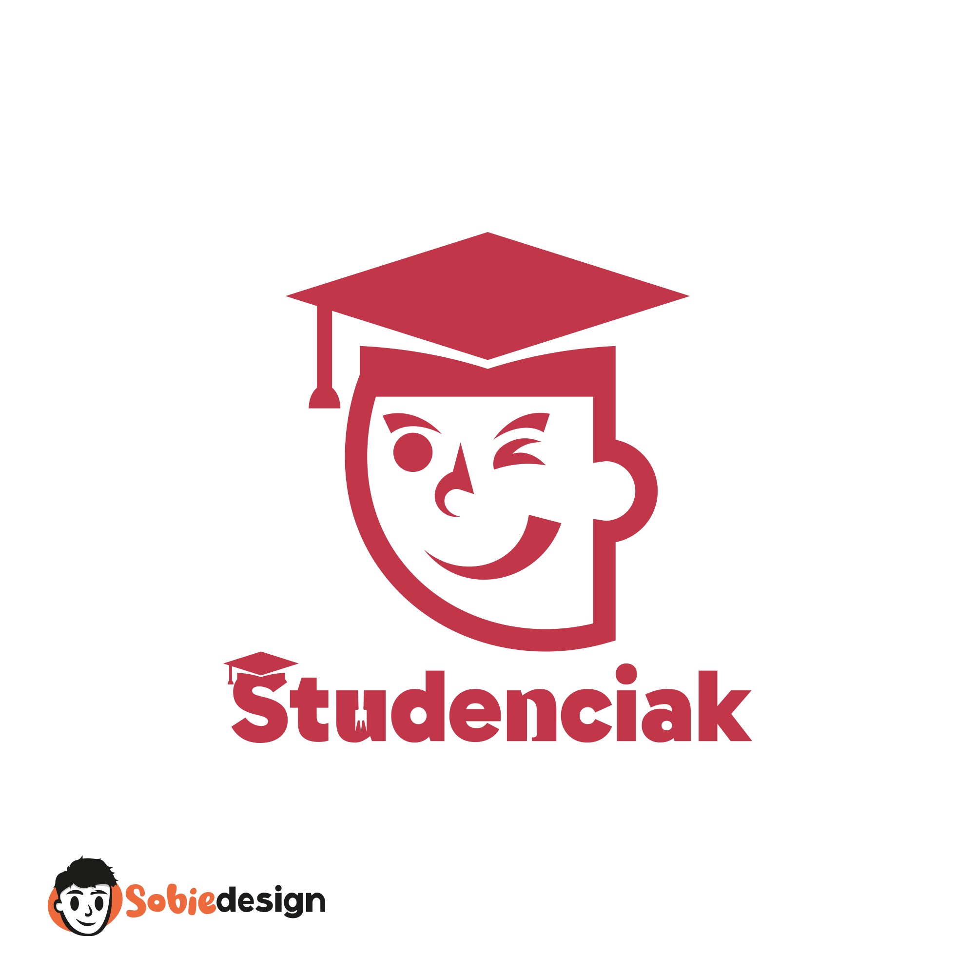 Kreatywne logo w kolorze czerwonym przedstawiające uproszczoną twarz z przymrużonym okiem i uśmiechem, zwieńczoną biretem absolwenta, poniżej nazwa 'Studenciak' w podobnej stylistyce, a w dolnej...
