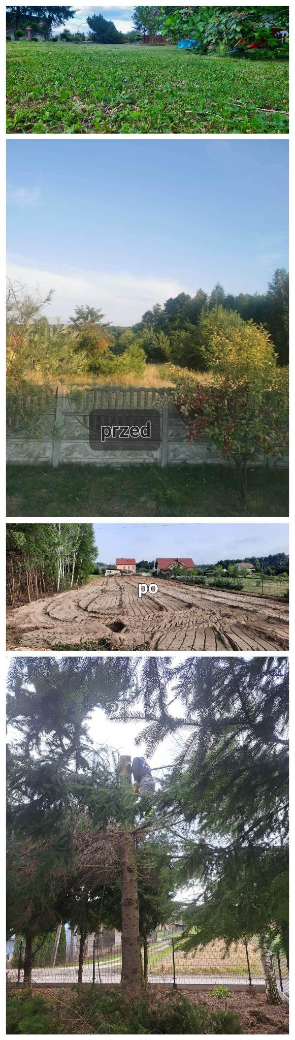 Kompozycja czterech ujęć: bujna trawa, zarośnięty teren przed betonowym ogrodzeniem z napisem 'przed', wyrównany teren z widocznymi śladami opon z napisem 'po', oraz osoba w uprzęży na wysokim...