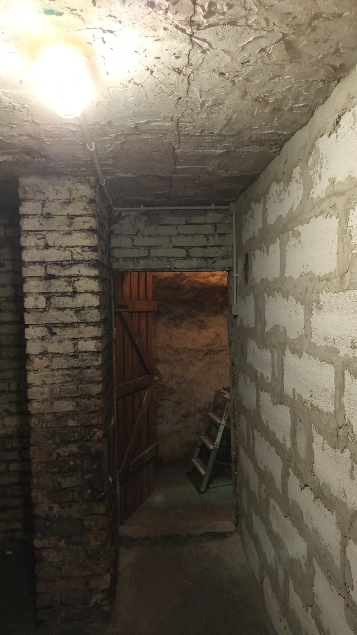 Piwnica z surowymi ścianami z cegły i bloczków, oświetlona żarówką. Widoczne przewody elektryczne na suficie i drewniane drzwi do ciemniejszego pomieszczenia z drabiną.