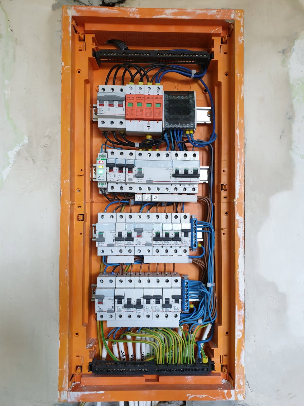Pomarańczowa skrzynka rozdzielcza z bezpiecznikami i okablowaniem, zamontowana na ścianie w Będzinie. Widoczne zabezpieczenia przepięciowe i wyłączniki różnicowoprądowe.