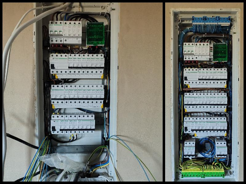 Dwa rozdzielnice elektryczne w ścianie, widoczne zabezpieczenia, przewody i listwy zaciskowe, jedna z rozdzielnic w trakcie montażu z folią ochronną na przewodach.