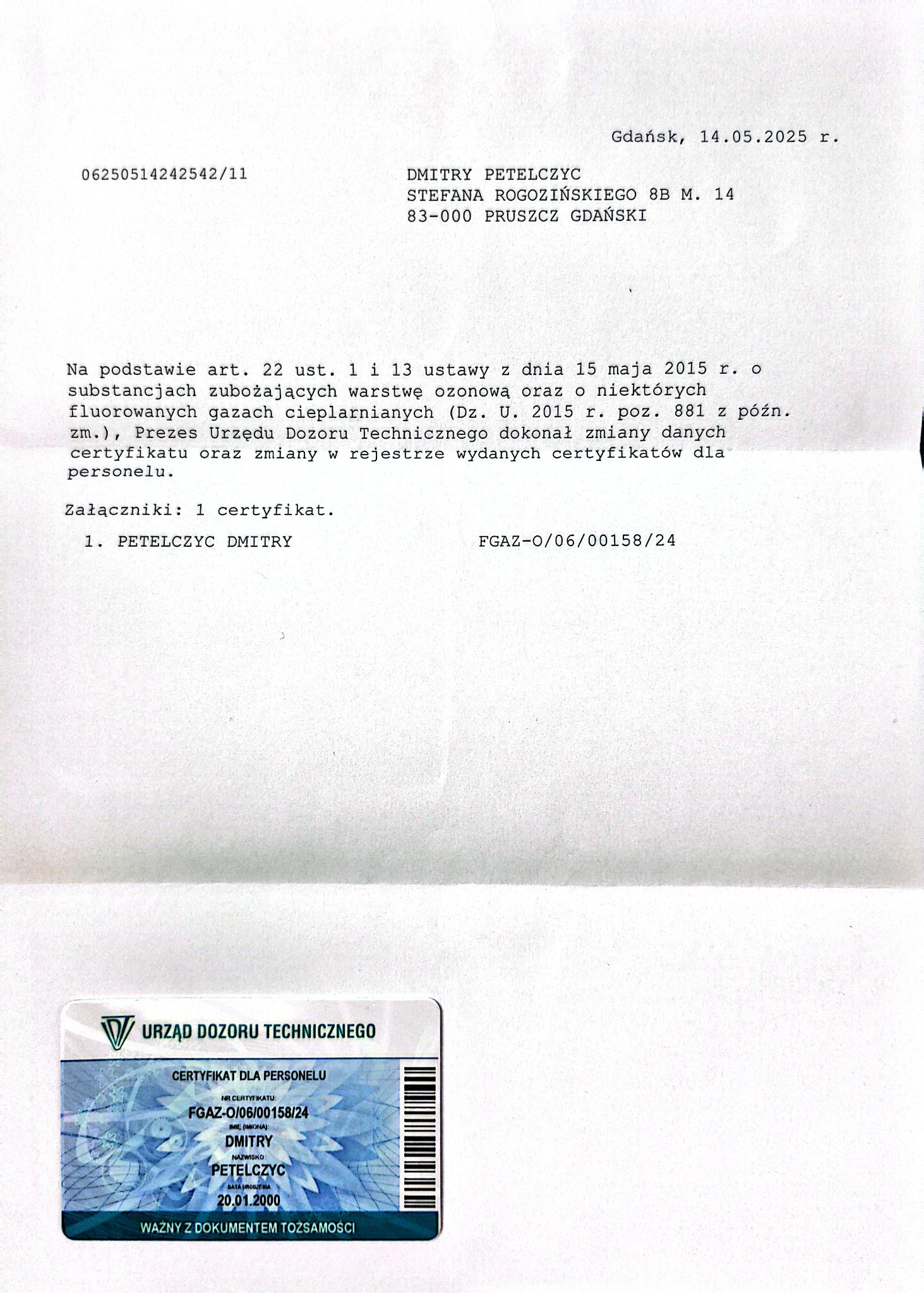 Skan dokumentu z Urzędu Dozoru Technicznego, certyfikat dla personelu FGAZ-O/06/00158/24 na nazwisko Dmitry Petelczyc. Zawiera datę ważności i dane kontaktowe.