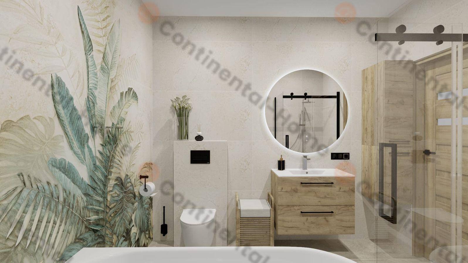 Nowoczesna łazienka z motywem liści na ścianie, okrągłe lustro z podświetleniem LED, umywalka z szafką z jasnego drewna i kabina prysznicowa ze szklanymi drzwiami przesuwnymi.