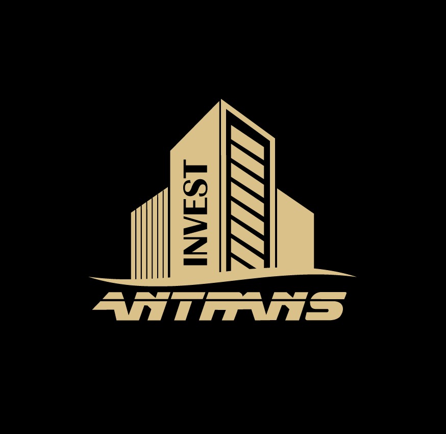 Złote logo firmy budowlanej ANTRANS INVEST przedstawiające stylizowane budynki na czarnym tle.