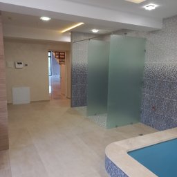 Pavlo Chernenko - Wykończona łazienka z kabinami prysznicowymi z matowego szkła, mozaiką na ścianach i podłodze oraz fragmentem basenu z mozaikowym wykończeniem.