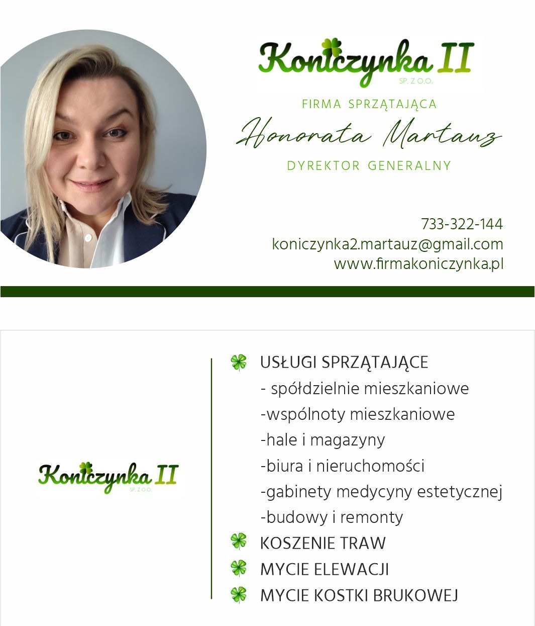 Folder reklamowy firmy sprzątającej Koniczynka II z portretem dyrektor generalnej Honoraty Martauz, numerem telefonu, adresem e-mail i listą oferowanych usług: sprzątanie, koszenie trawy, mycie...