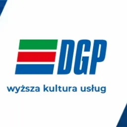 Grafika z logiem DGP i hasłem 'wyższa kultura usług', przedstawiająca sprzątających pracowników oraz ochroniarza w tle.