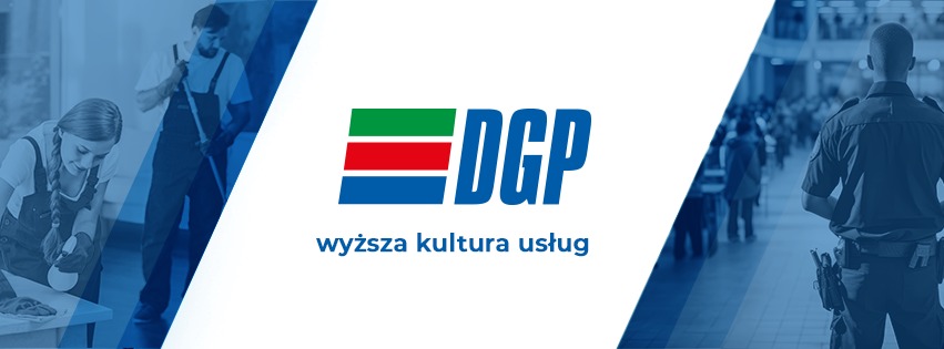 Grafika z logiem DGP i hasłem 'wyższa kultura usług', przedstawiająca sprzątających pracowników oraz ochroniarza w tle.