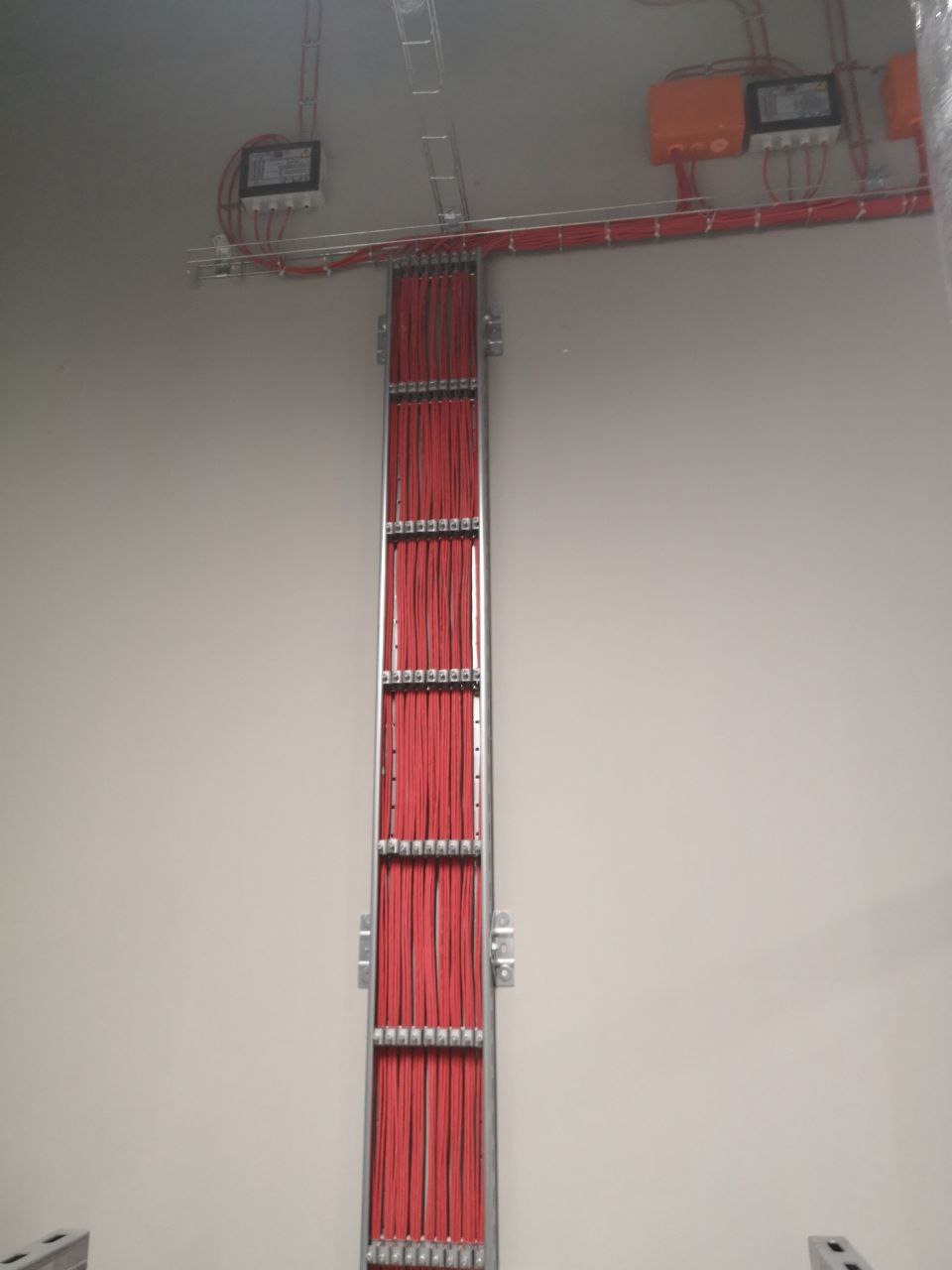 Pionowy kanał kablowy z dużą ilością czerwonych przewodów, zamontowany na jasnej ścianie, z widocznymi puszkami elektrycznymi na górze.