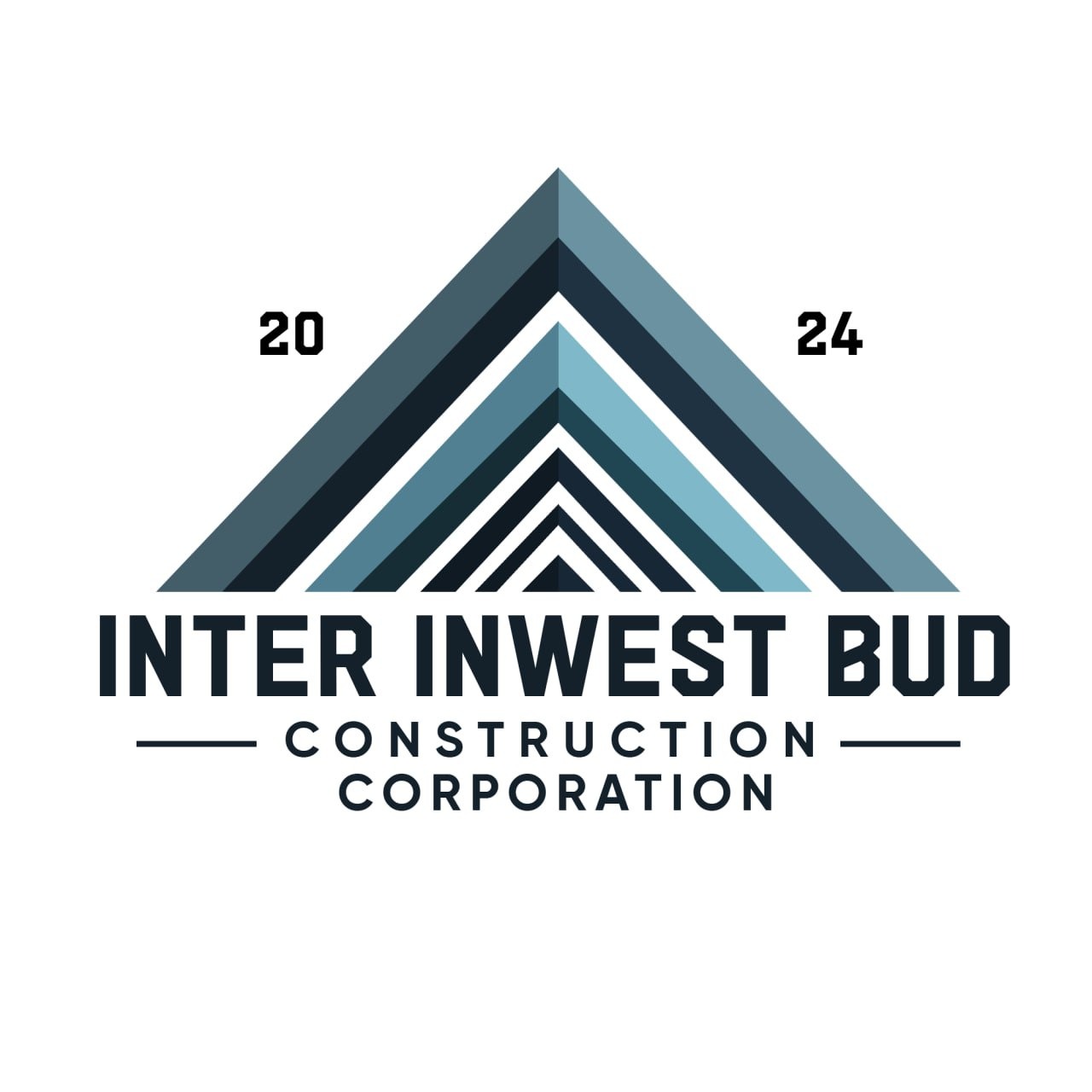Logo firmy budowlanej Inter Inwest Bud Construction Corporation z graficznym symbolem trójkąta złożonego z warstw w odcieniach niebieskiego i szarości, z datami 20 i 24 umieszczonymi po bokach.