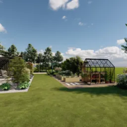 Wizualizacja ogrodu z nowoczesną szklarnią z czarną ramą, drewnianymi podwyższonymi grządkami i pergolą przy domu z ceglaną elewacją.