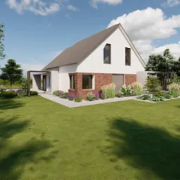 Wizualizacja ogrodu z nowoczesnym domem, rabaty kwiatowe z lawendą i trawami ozdobnymi, drewniany domek dla dzieci w tle.