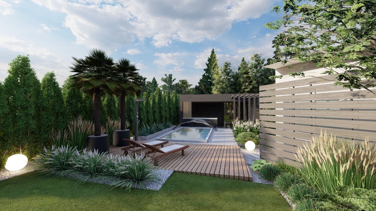 Wizualizacja ogrodu z basenem, drewnianym tarasem i palmami w donicach, oświetlonymi kulami oraz nowoczesnym ogrodzeniem z poziomych desek.