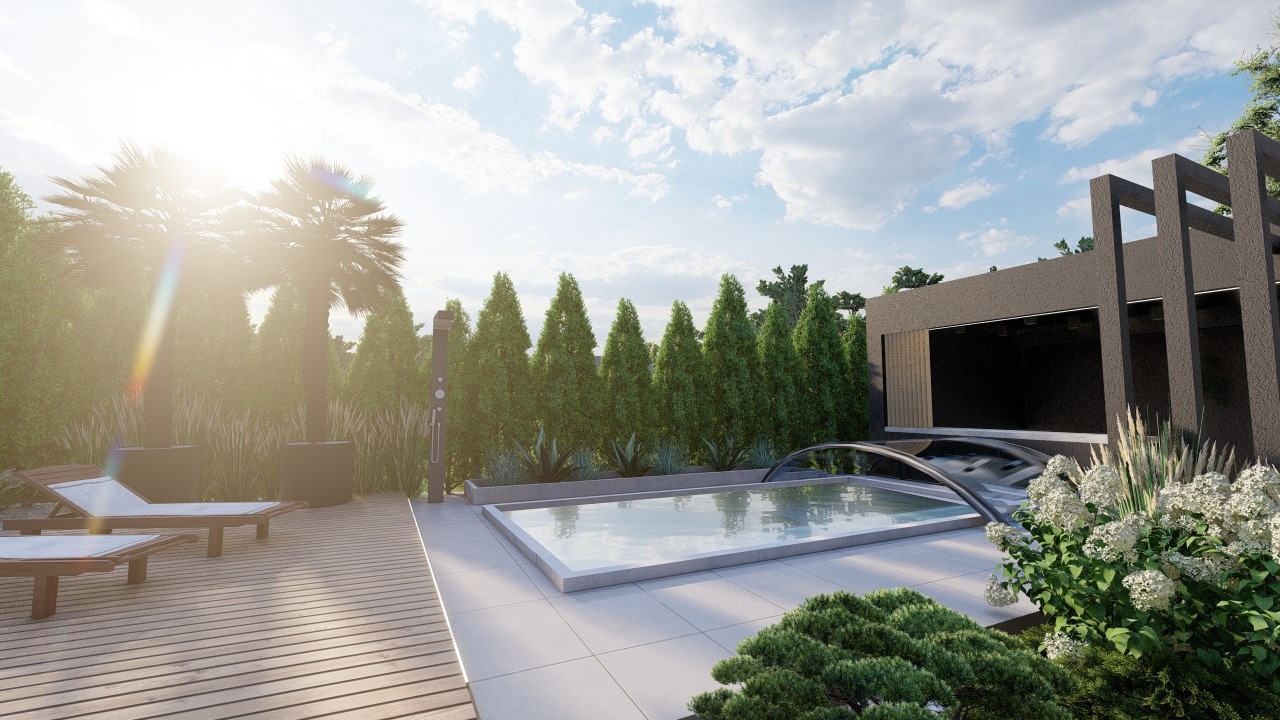 Nowoczesny ogród z basenem oświetlonym słońcem, leżakami na drewnianym tarasie i minimalistyczną architekturą budynku w tle.