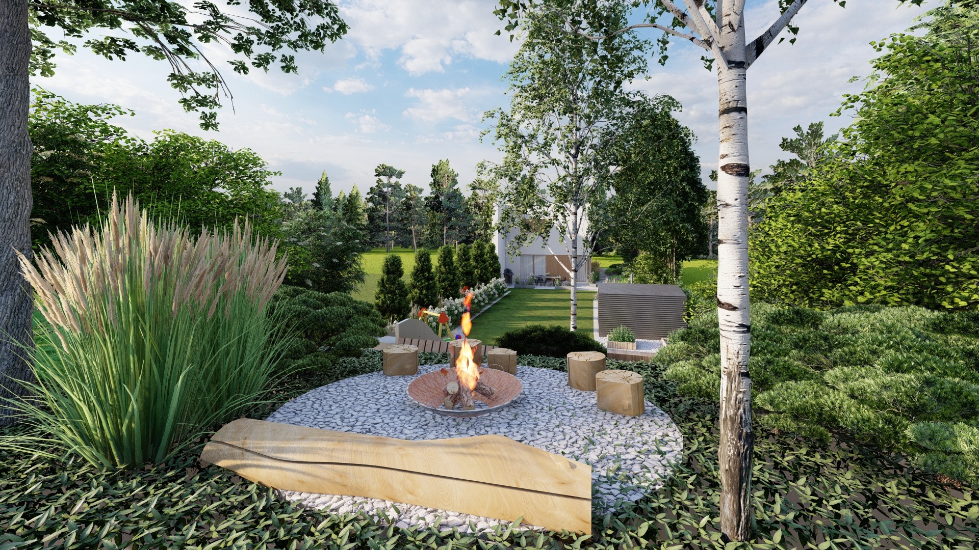 Ogród z paleniskiem otoczonym drewnianymi siedziskami na okrągłej platformie z białego żwiru, w tle trawnik, drzewa i altana.