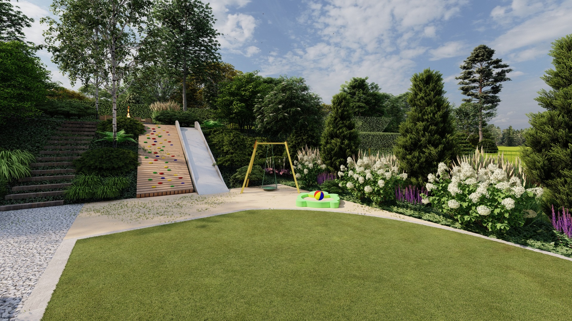 Wizualizacja ogrodu z placem zabaw: zjeżdżalnia z kolorowymi uchwytami do wspinaczki, huśtawka, piaskownica w kształcie kwiatka z piłką, trawnik i rabaty z białymi hortensjami.