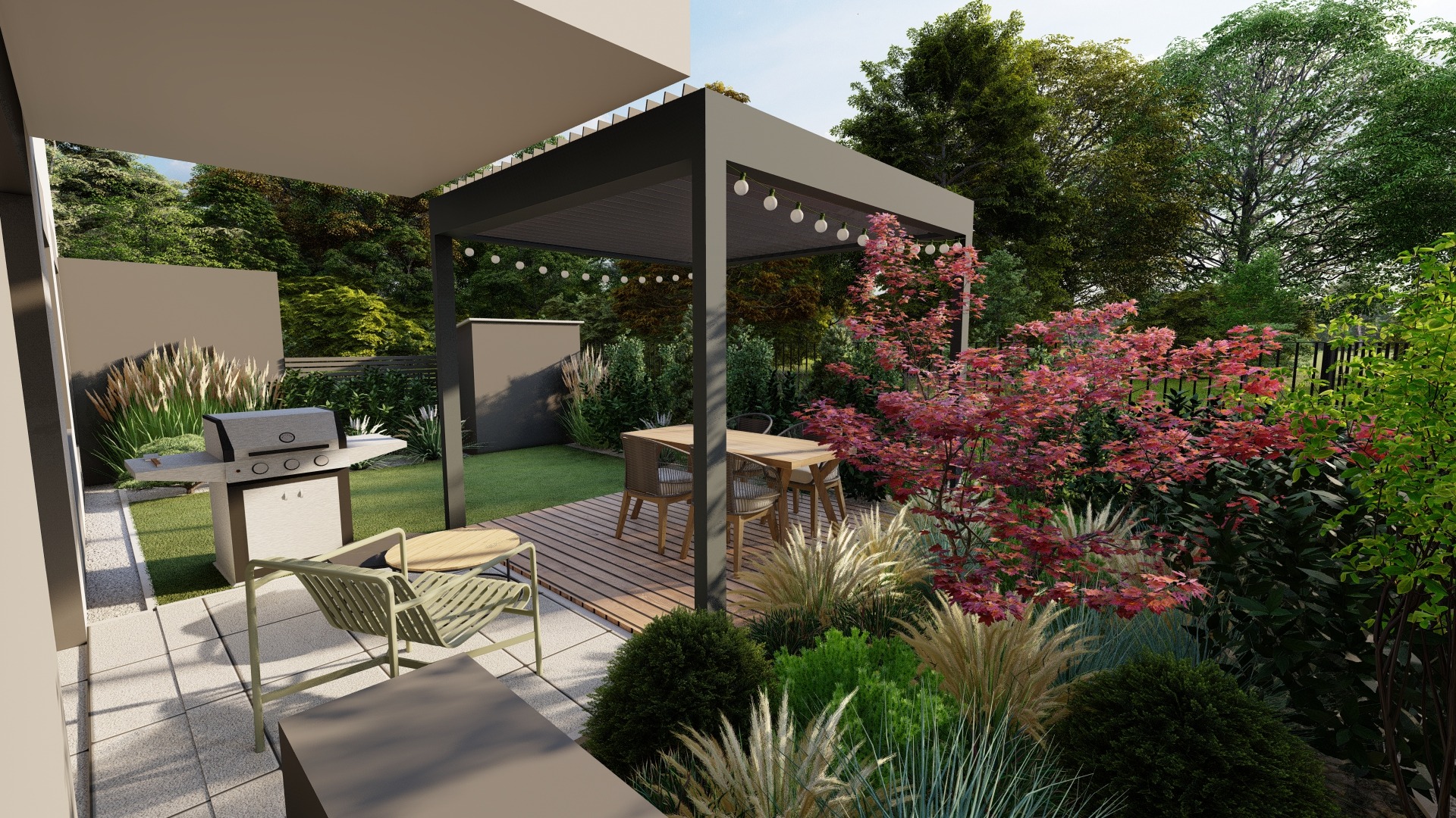 Wizualizacja ogrodu z pergolą, stołem i krzesłami na drewnianym podeście, grillem na zewnątrz oraz ozdobnymi trawami i krzewami.