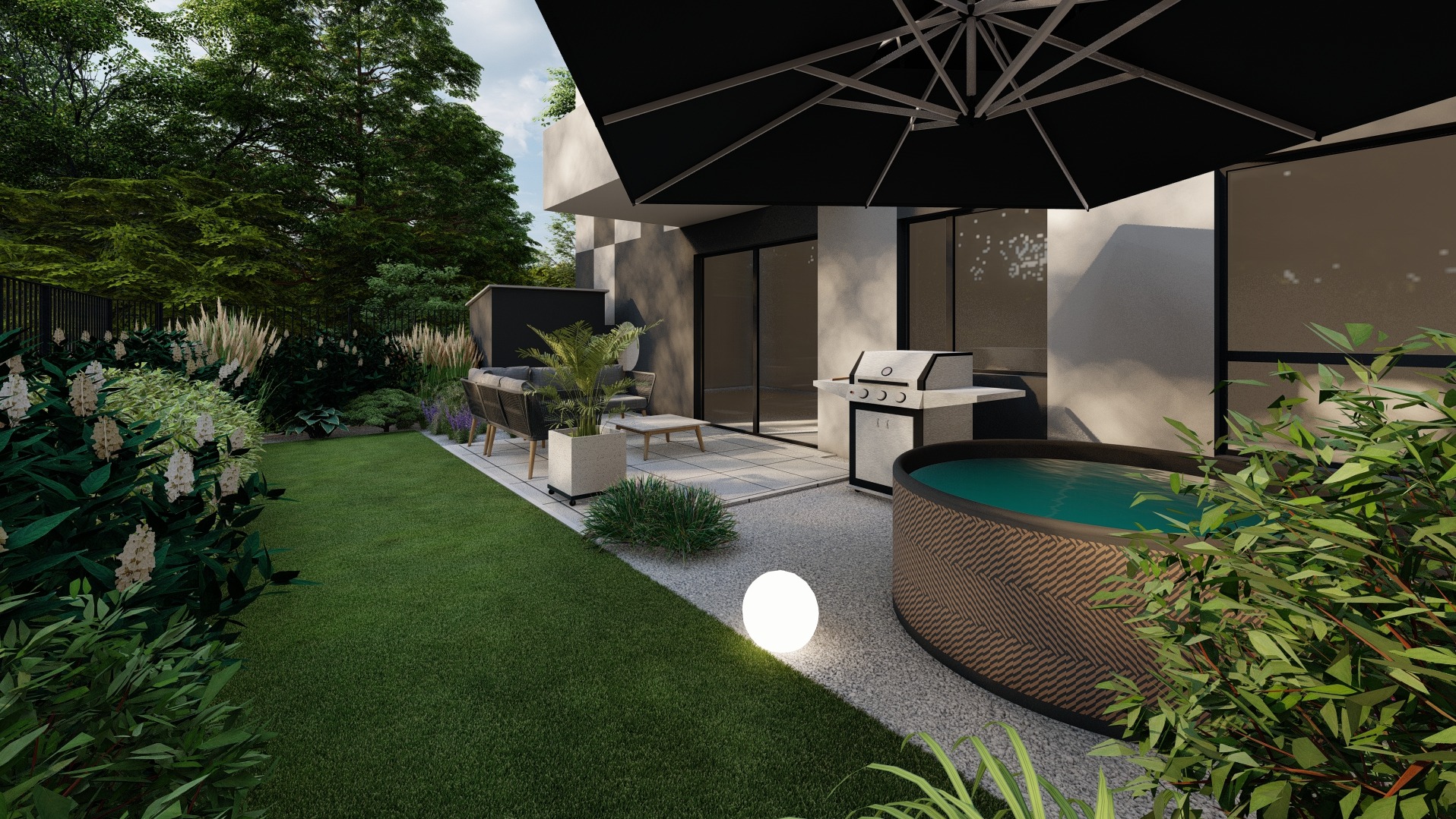 Wizualizacja nowoczesnego ogrodu z jacuzzi, grillem, meblami ogrodowymi i oświetleniem, widok na trawnik i roślinność ozdobną.