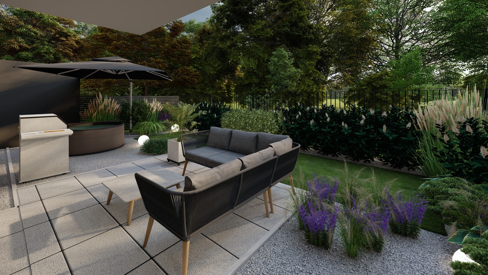 Wizualizacja ogrodu z nowoczesnym tarasem, meblami wypoczynkowymi z plecionki, jacuzzi i oświetleniem punktowym.