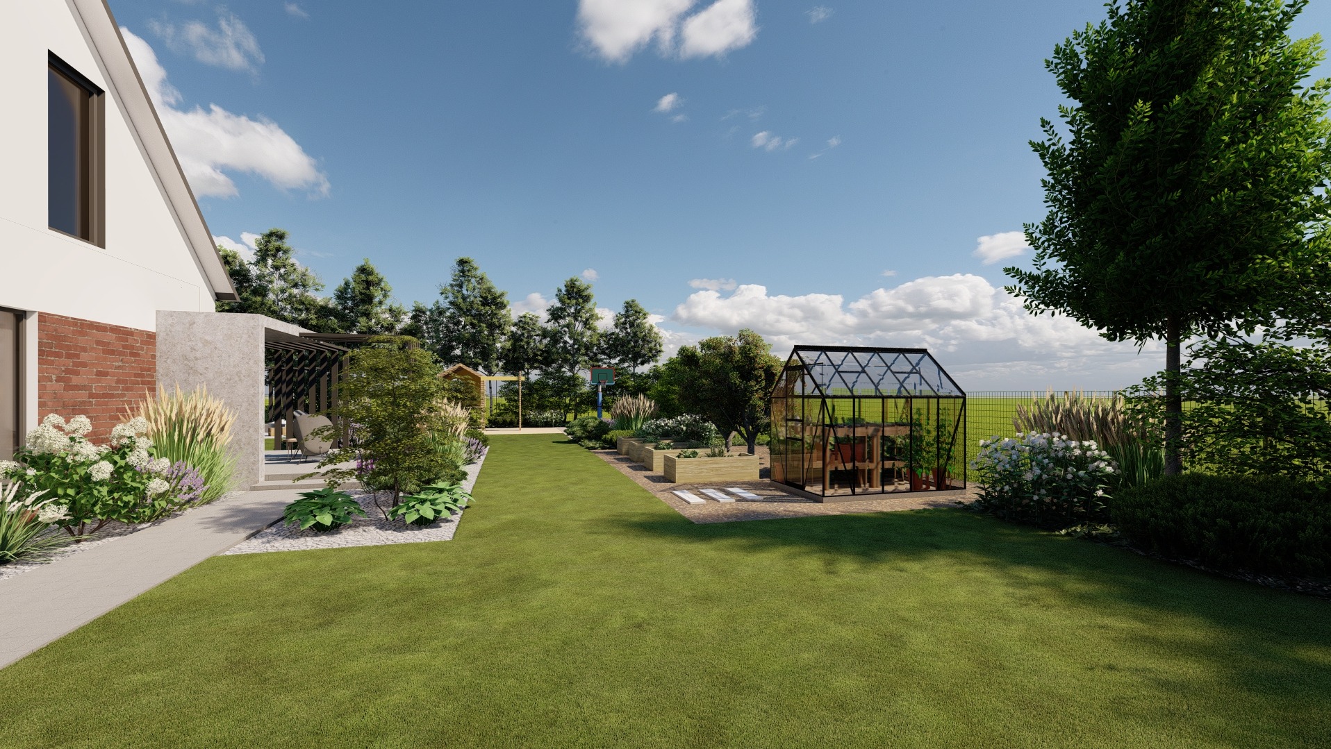 Wizualizacja ogrodu z nowoczesną szklarnią z czarną ramą, drewnianymi podwyższonymi grządkami i pergolą przy domu z ceglaną elewacją.