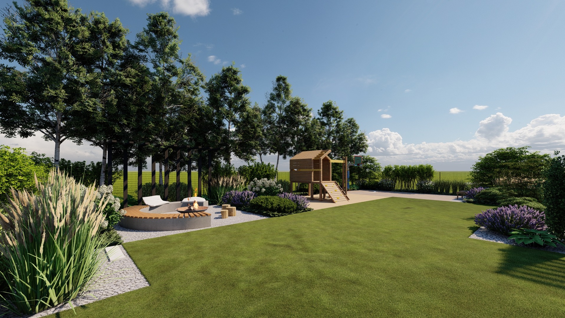 Wizualizacja zagospodarowania przestrzeni ogrodu z placem zabaw, paleniskiem i nasadzeniami ozdobnymi w słoneczny dzień.