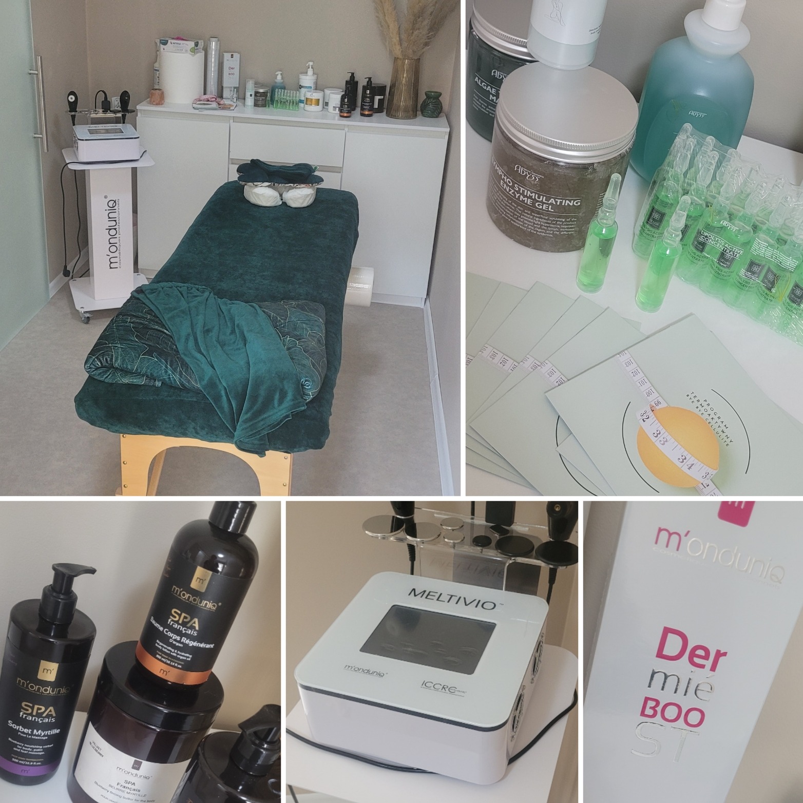 Gabinet kosmetyczny: łóżko do zabiegów, kosmetyki M'onduniq i sprzęt Meltivio. Program termoaktywny Bye Bye Cellulite i preparaty Lipolysis Active Concentrate.