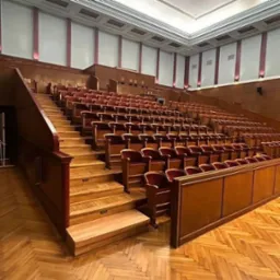 Sala widowiskowa z rzędami krzeseł obitych czerwonym materiałem, drewnianą podłogą w jodełkę i schodami prowadzącymi na wyższe poziomy.