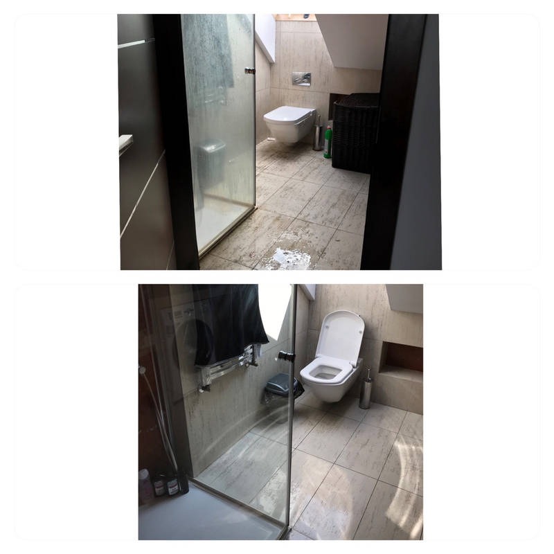 Dwa ujęcia tej samej łazienki: widok na kabinę prysznicową z czarnym ręcznikiem, toaletę i beżowe płytki podłogowe, na górnym zdjęciu widoczne zabrudzenia na podłodze.