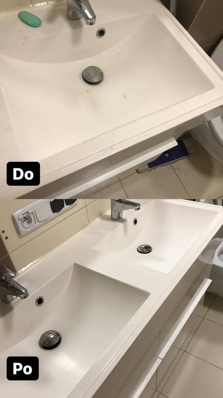 Umywalka łazienkowa przed i po czyszczeniu, widoczne różnice w czystości powierzchni, z zaznaczeniem stanu 'Do' i 'Po'.