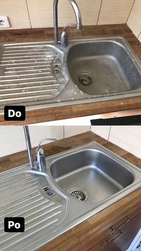 Kuchenny zlew dwukomorowy ze stali nierdzewnej: górna część zdjęcia pokazuje zlew przed czyszczeniem, z widocznym osadem i zabrudzeniami, dolna część prezentuje ten sam zlew po dokładnym...