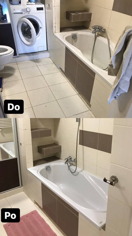 Porównanie stanu łazienki przed i po: widoczna różnica w czystości płytek podłogowych, umywalki i wanny, z pralką z otwartymi drzwiami w tle na górnym zdjęciu.