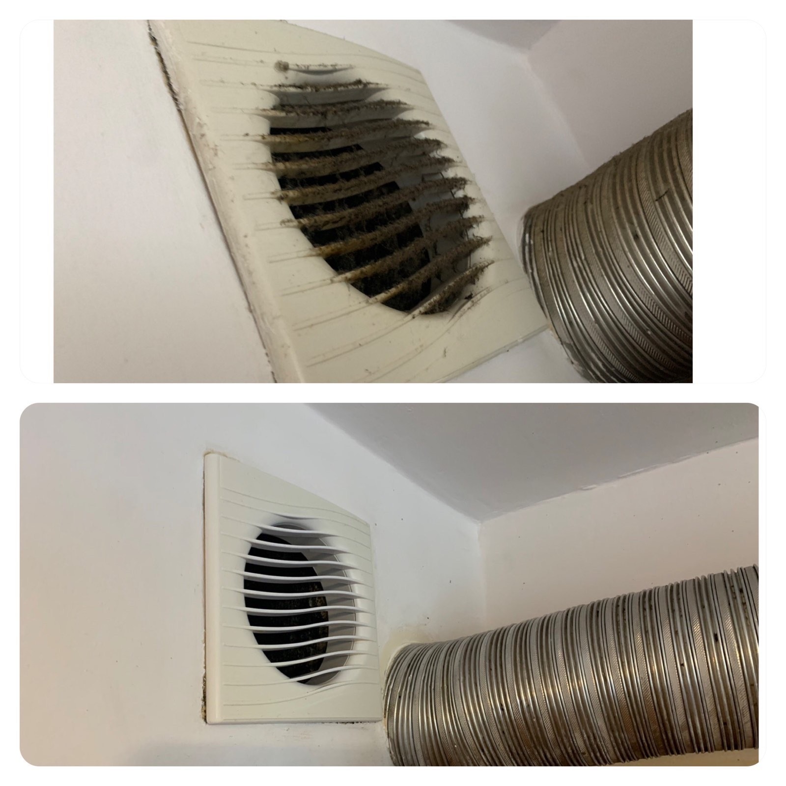Dwa ujęcia tego samego wentylatora na ścianie: górne zdjęcie przedstawia wentylator mocno zabrudzony kurzem i brudem, dolne zdjęcie pokazuje ten sam wentylator po czyszczeniu, obok widoczny...