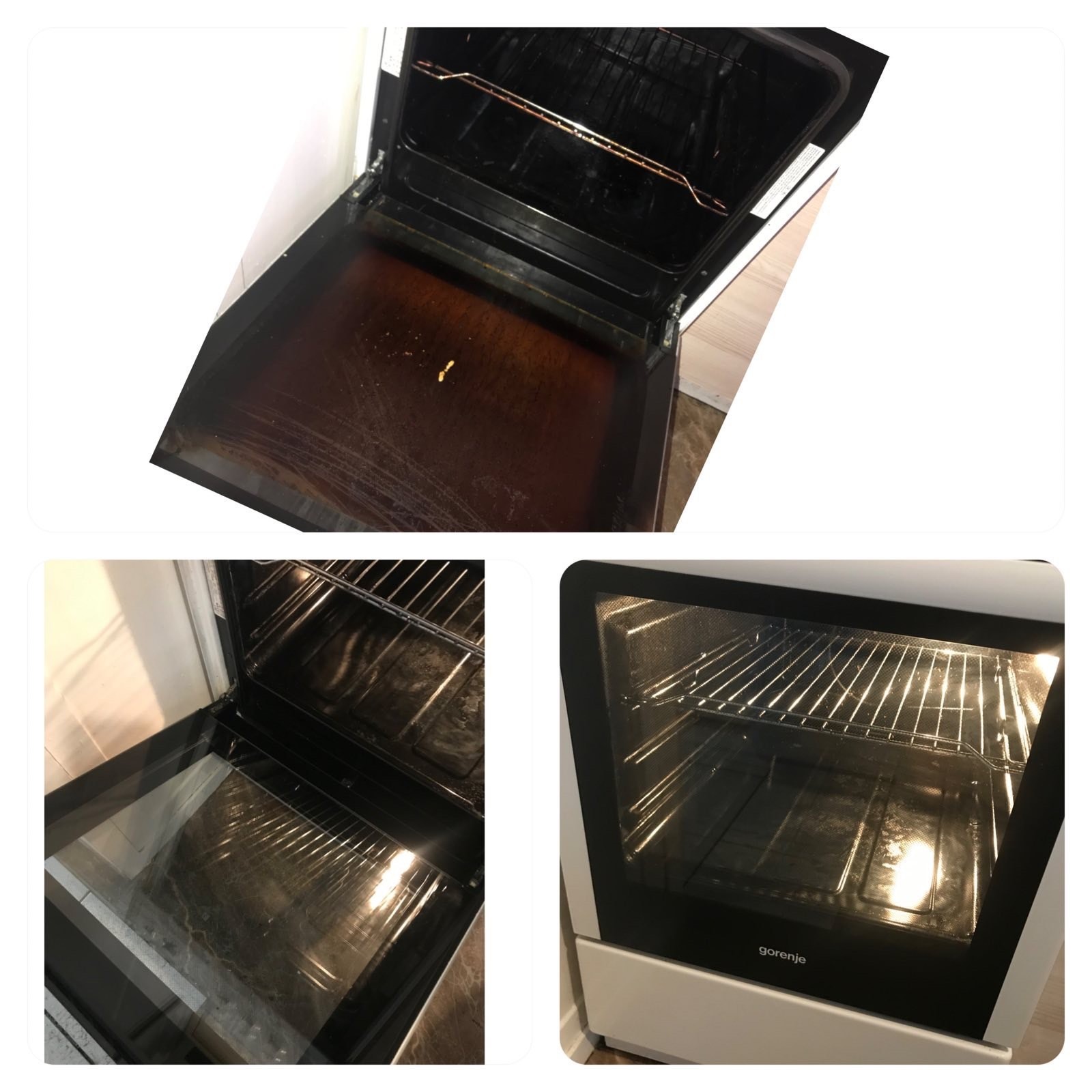 Kolaż przedstawiający wnętrze brudnego piekarnika Gorenje przed i po czyszczeniu, z widocznymi śladami tłuszczu i zabrudzeń na dnie oraz czystymi ściankami po umyciu.