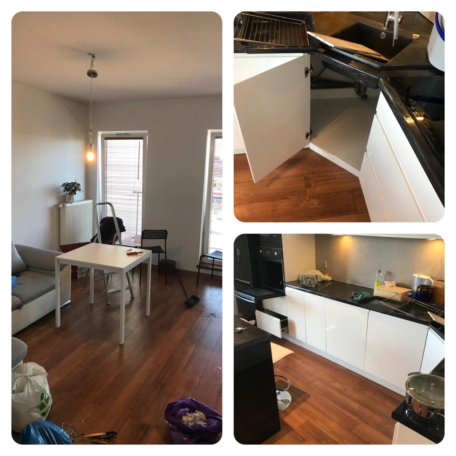 Kompozycja z trzech ujęć: pokój z sofą, stołem i drabiną przed oknem; otwarta szafka pod zlewem; białe szafki kuchenne z czarnym blatem, widoczne ślady użytkowania i drobne zabrudzenia.