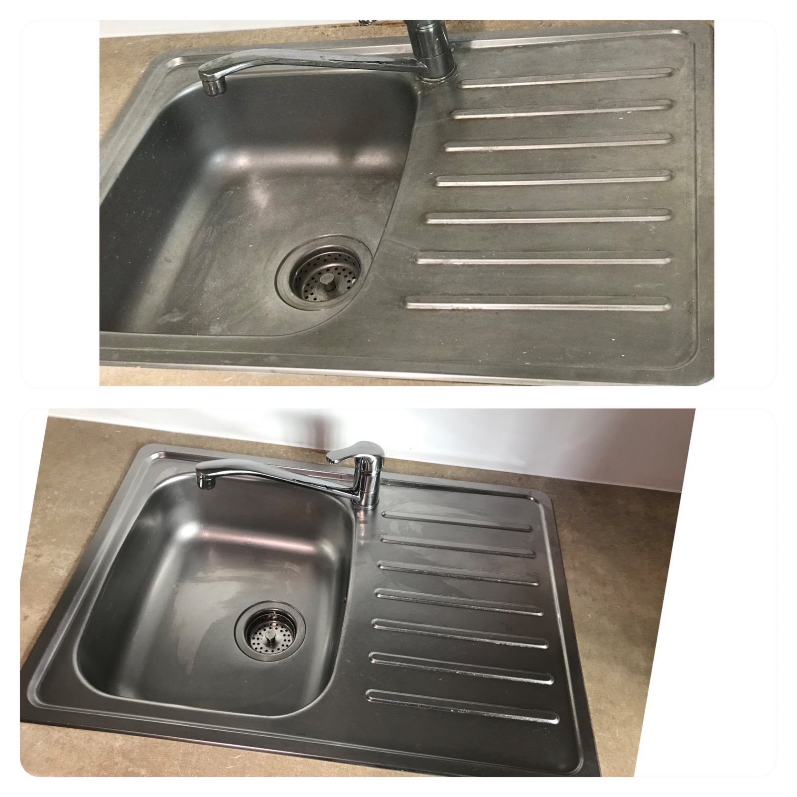 Porównanie zlewozmywaka kuchennego przed i po czyszczeniu, widoczne różnice w połysku i czystości powierzchni.